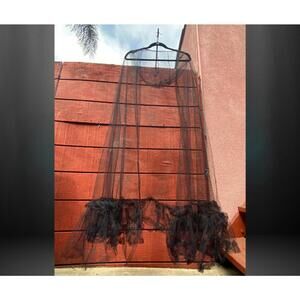 Designer Black Sheer Tule Evening Cape with ruffle Hem & Hood Halloween costume